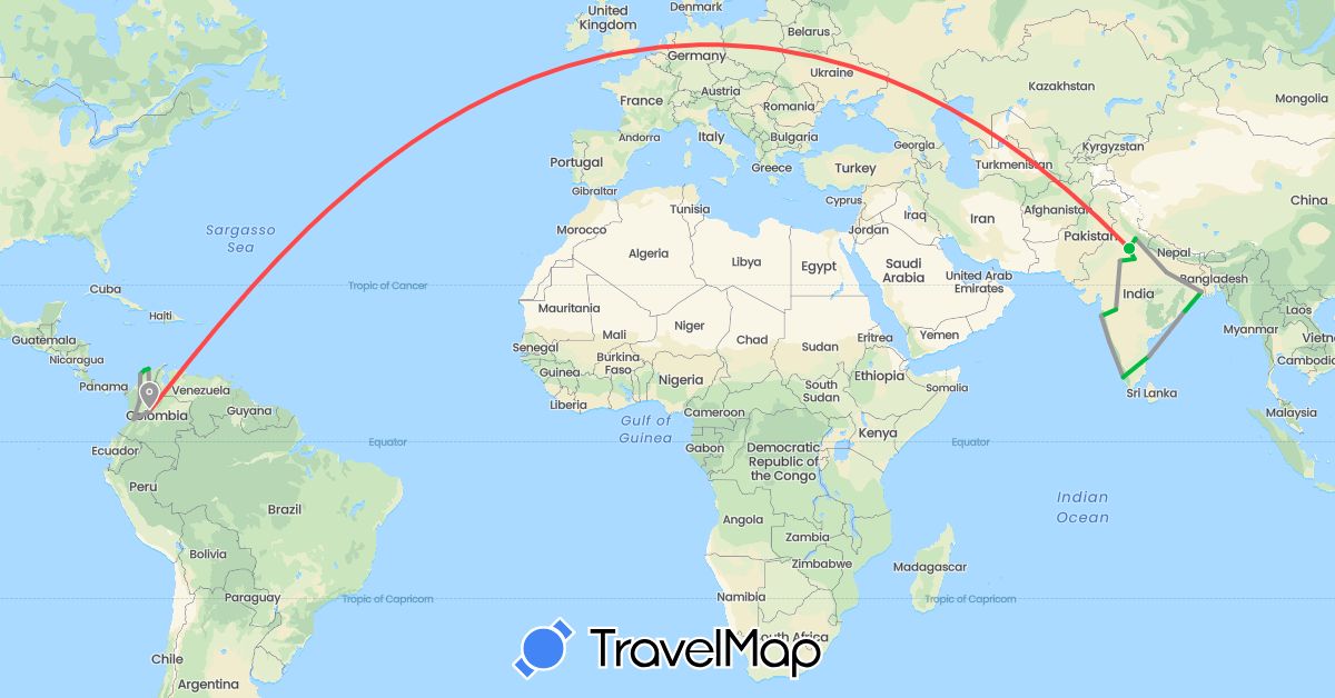 TravelMap itinerary: driving, bus, plane, hiking in Colombia, India (Asia, South America)